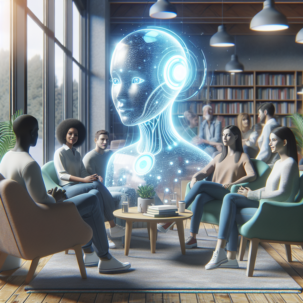 An artistic depiction of mental health care empowered by AI, showcasing a serene and supportive atmosphere. A diverse group of people of different descents and genders are sitting in comfortable chairs, engaged in conversations and bonding, while a friendly and futuristic AI hologram provides guidance and support. The AI appears approachable, with soft blue and white glowing colors, symbolizing trust and innovation. The setting is in a modern, peaceful, and well-lit environment, such as a lounge or therapy room, where natural light streams through large windows. Books and plants are in the background, symbolizing personal growth and healing.