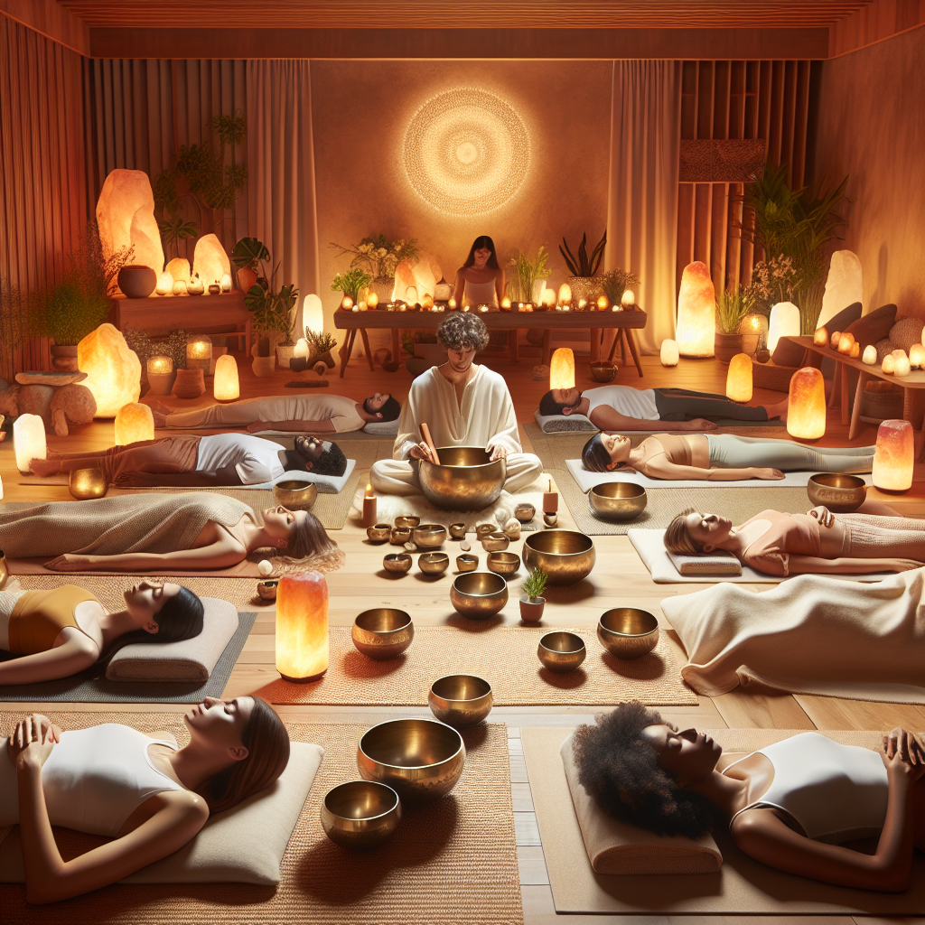 A serene, calming scene showcasing a sound bath healing session. Depict a group of people of diverse descents and genders lying on comfortable yoga mats in a softly lit room. The room is adorned with warm, ambient lighting, Himalayan salt lamps, and natural elements like plants and wooden textures. Include a healer seated in the center of the room with a collection of Tibetan singing bowls around them, gently playing the bowls to produce soothing vibrations. Some people have their eyes closed and appear deeply relaxed, immersed in the experience. Ensure the atmosphere is tranquil and inviting, emphasizing wellness and harmony.