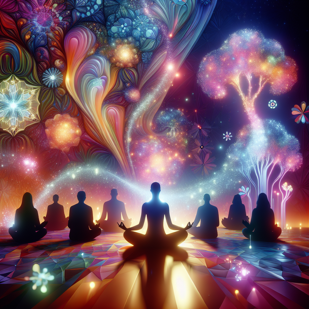 Create an artistic and eye-catching depiction of a surreal, dreamlike scene inspired by psychedelics. Imagine vivid and vibrant colors in a harmonious blend, with abstract patterns and flowing shapes that evoke a sense of connection and unity. Include elements like glowing geometric patterns intertwined with nature, such as trees and flowers glowing with soft bioluminescence. In the foreground, display silhouettes of diverse individuals meditating or contemplating peacefully, reflecting moments of introspection and connectedness. The lighting should have a luminous and ethereal glow, giving the image an otherworldly yet uplifting atmosphere. The composition aims to present the theme of psychedelics in a positive and inspiring light without being fantastical.