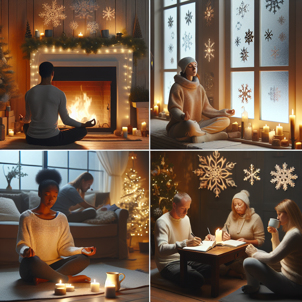 A cozy holiday setting with a diverse group of people mindfully enjoying the season indoors, showcasing self-care and relaxation. One person is meditating near a lit fireplace, wearing comfortable winter clothing. Another person, of a different descent, is journaling at a nearby table with warm lighting above. Another individual, of a different race, is calmly sipping tea by a window decorated with frosted snowflake decals. The room has festive holiday decorations such as garlands, twinkling lights, and a decorated tree in the background. The atmosphere conveys warmth, mindfulness, and happiness.