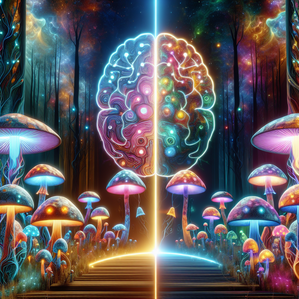 A futuristic illustration showcasing the intricate and vibrant artwork of psychedelic mushrooms, focusing on their role in mental health benefits and risks. The scene features glowing, colorful mushrooms of varying sizes in an ethereal forest setting, with elements of surrealism, such as light patterns and neural motifs symbolizing mental health. The image portrays a balanced perspective—half of the mushrooms emitting a calming aura with brain-inspired visuals indicating benefits, and the other half subtly darkened with cautionary signs to denote risks. The setting is immersive and scientific, blending nature with mental health studies through abstract designs.